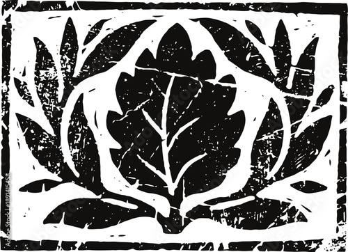 Stylized black and white vintage artichoke vegetable illustration in woodcut