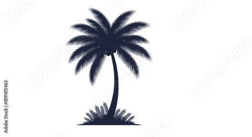A detailed black silhouette of a single coconut palm tree with grass at its base, evoking a tropical, beach, or summer vacation theme.