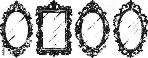 Ornate vintage mirror frames with decorative floral and scrollwork designs in black silhouette