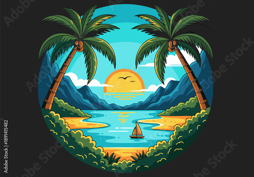 Serene Tropical Island Landscape Vector Illustration at Sunset with Palm Trees and Sailboat
