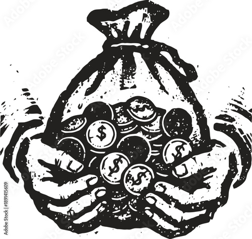 Hands holding a large money bag filled with coins and dollar symbols, financial wealth concept