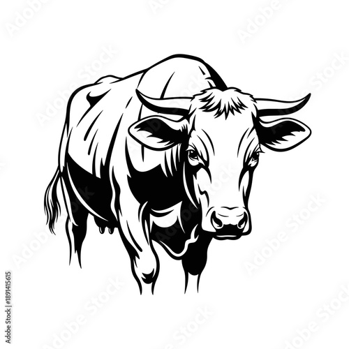 Black and White Illustration of a Majestic Cow.