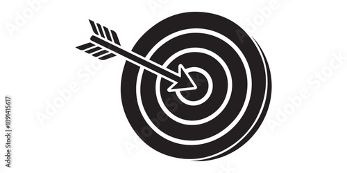 Target with arrow icon silhouette vector design for goal success and achievement isolated on white background,Vector illustration of a target with an arrow hitting the center — modern flat design 