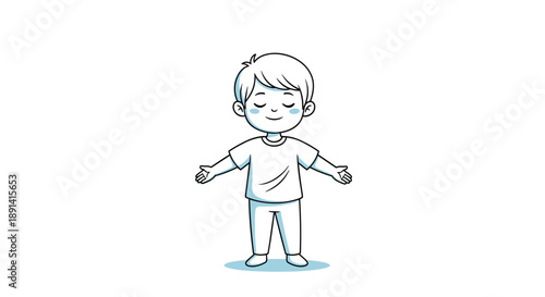 A simple and heartwarming line art illustration of a cute little boy standing with his eyes closed and arms wide open for a hug.