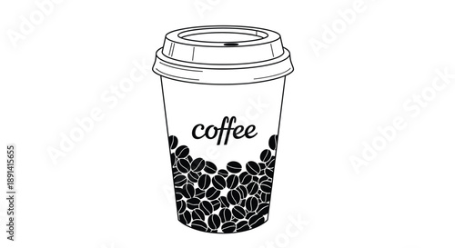 A black and white line art illustration of a disposable coffee cup with a lid, decorated with the word 'coffee' and coffee bean graphics.