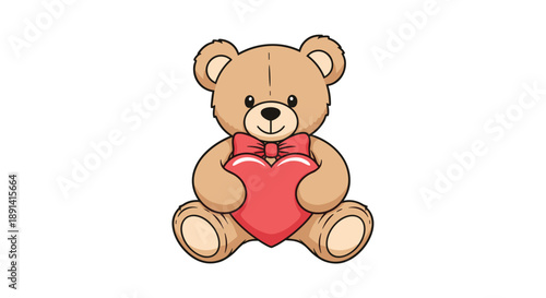 An adorable cartoon teddy bear with a red bow, sitting down and holding a large red heart, perfect for Valentine's Day or expressions of love.