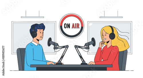 Radio podcast vector illustration of two people talking with microphones on air with headphones