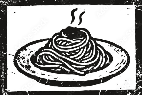 Hot steaming plate of spaghetti italian pasta meal with sauce, dinner food classic dish illustration