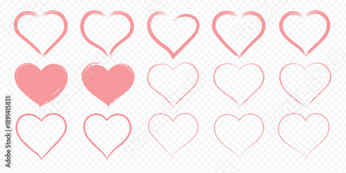 Vector hand drawn romantic shapes in sketch style showing different strokes and filling patterns. Scribble love symbols for valentine. Valentine's day doodle templates. Various brush, chalk marker ink