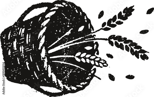 basket with wheat ears and grains falling out, rustic agriculture and harvest concept