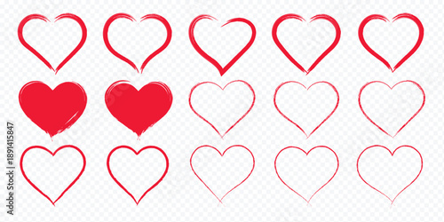 Vector hand drawn romantic shapes in sketch style showing different strokes and filling patterns. Scribble love symbols for valentine. Valentine's day doodle templates. Various brush, chalk marker ink