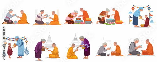 Buddhist Merit-Making and Offering Rituals: Set of Illustrations Featuring Elderly Women Showing Devotion and Pouring Water to Monks.