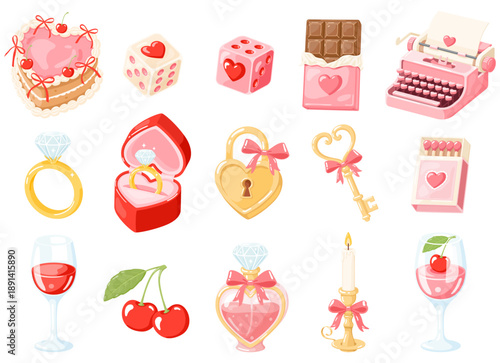 Cute pastel valentine clipart collection with hearts romantic items and sweet love symbols. Includes cake dice chocolate perfume wine glass cherries candle ring key lock gift box and typewriter.