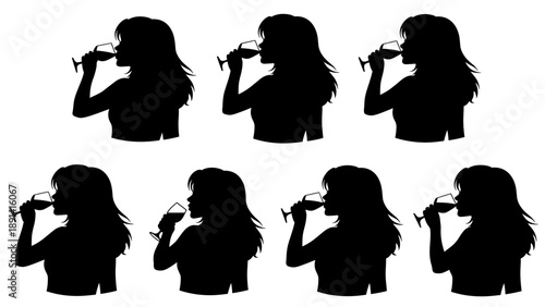 Silhouette of a Woman Drinking Wine Multiple Poses.