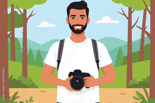 male photographer in the forest. Photographer Concept. Vector graphic illustration