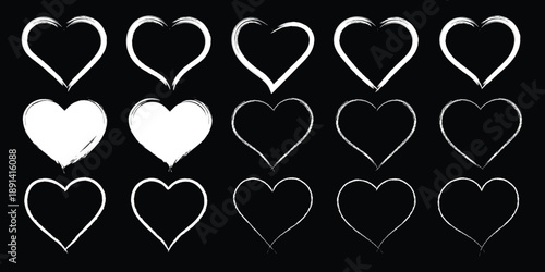 Vector hand drawn romantic shapes in sketch style showing different strokes and filling patterns. Scribble love symbols for valentine. Valentine's day doodle templates. Various brush, chalk marker ink