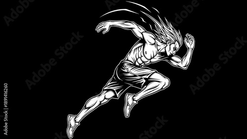 Dynamic Illustration of a Muscular Man Running Fast.