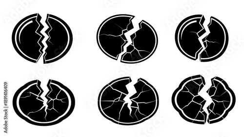 Set of Six Cracked Egg Icons in Black and White.