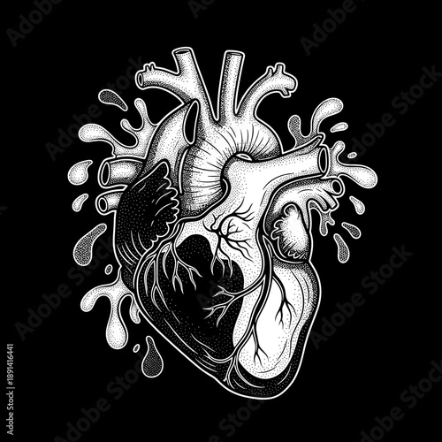 Anatomical Heart Illustration with Splashing Liquid Effect.