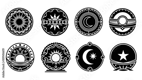 Set of eight mystical circular emblems with celestial and ornamental designs.