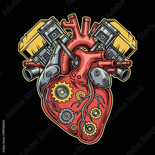 Anatomical heart with mechanical engine parts and gears.