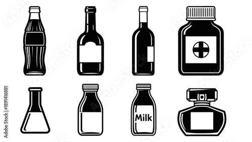 Collection of Various Bottles and Containers in Black and White.