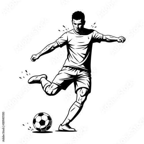 Dynamic illustration of a male soccer player kicking a ball with intensity.