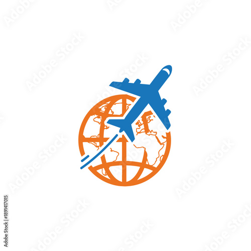 Blue Airplane Circling an Orange Globe with Flight Paths