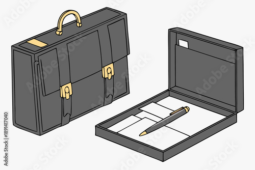 Classic dark leather briefcase with brass clasps and an open case revealing a pen and papers