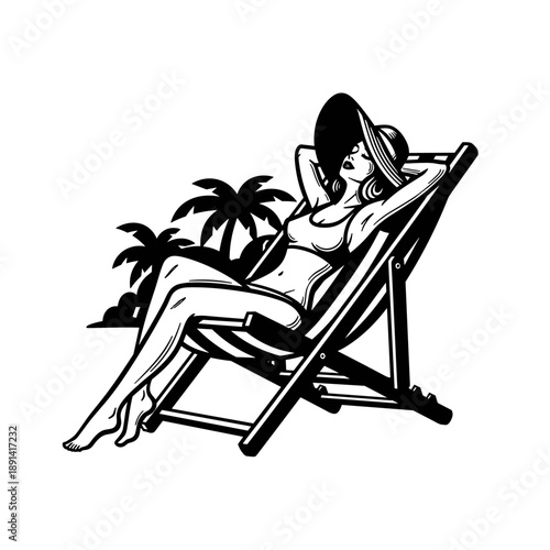 Vintage Pin Up Woman Relaxing on Beach Chair.