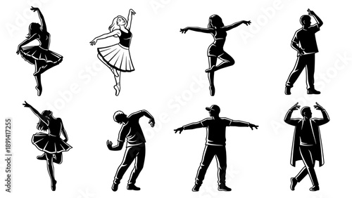 Collection of Diverse Dancing Silhouettes in Dynamic Poses.