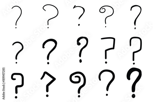 Hand-drawn doodle set of black question marks on a white background.