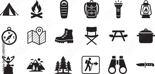 Camping icon set with tent, campfire, backpack and outdoor symbols, clean line style for travel projects.