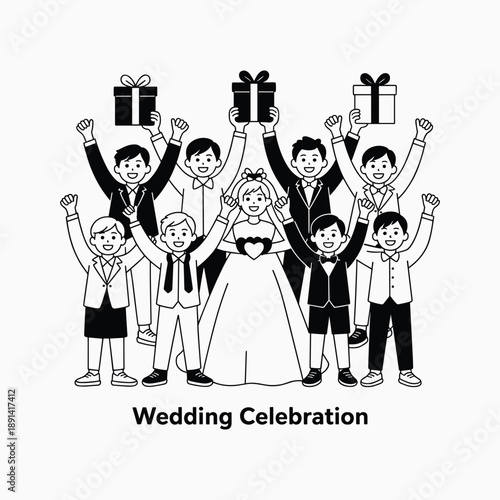 Wedding Celebration Group Holding Gifts Happy Bride And Groom Line Art Vector Illustration