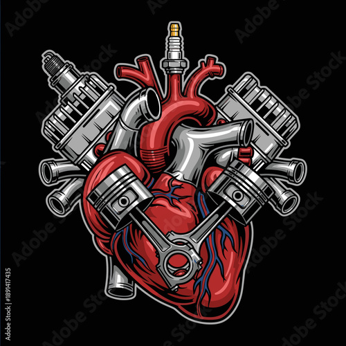 Mechanical Heart with Engine Parts Illustration.