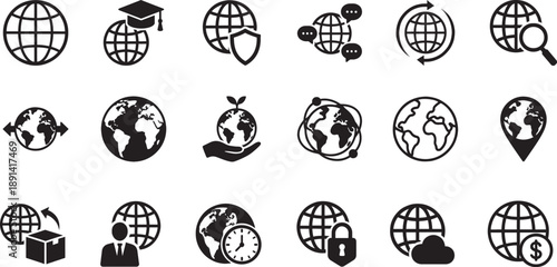 Globe outline icon set with world, earth and global network symbols in clean line style design.