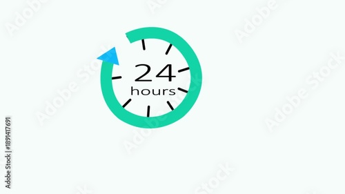24 hours icon animation. minimalist 24-hour service motion graphic. rotating clock arrow for 24/7 availability. 