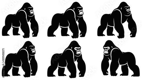 Set of Six Stylized Gorilla Silhouettes in Black and White.