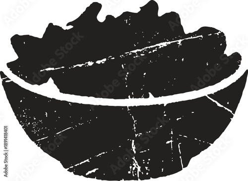 grunge cracked split avocado silhouette with seed in center, distressed fruit illustration