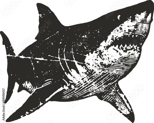 Vintage great white shark illustration ocean predator with open jaws and sharp teeth marine life engraving design