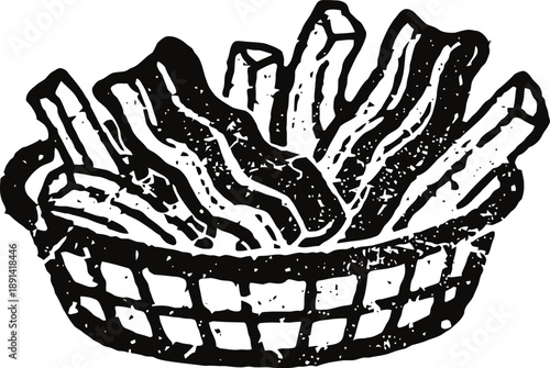 Basket of crispy bacon strips traditional breakfast food, fried meat pieces in a basket