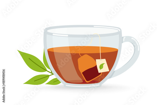 Tea illustration. Transparent glass mug with black herbal tea and tea bag. Minimal black vector illustration isolated on white background. beverage design, cafe menus, and healthy lifestyle themes.
