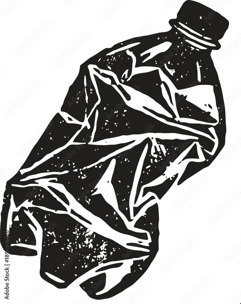 Fototapeta premium Crushed plastic bottle illustration with textured effect environmental waste and recycling concept