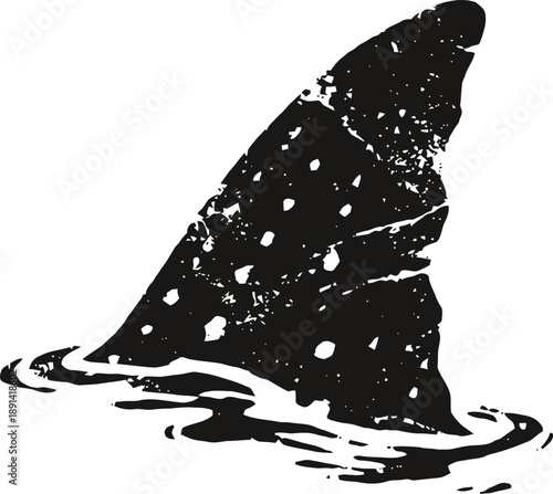 Shark fin cutting through water surface in black silhouette with textured details