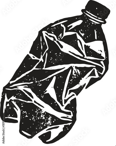 Crushed plastic bottle illustration with textured effect environmental waste and recycling concept