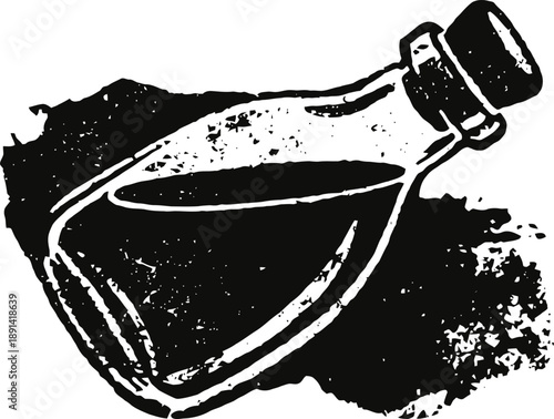 Vintage glass bottle with stopper lying on ink splash background illustration