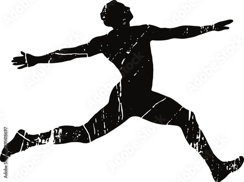 Silhouette of a person jumping with arms and legs stretched against white background