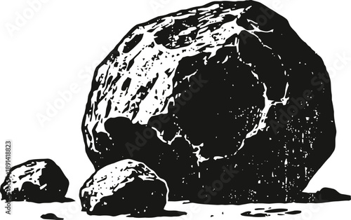 Large and small black charcoal lumps on a white background, detailed rough texture of coal pieces
