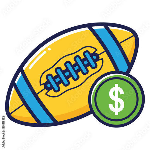 Cartoon american football with money symbol icon for sports betting or gambling concept