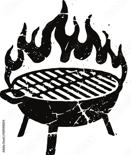 Grill with flames burning, barbecue cooking outdoor fire flame silhouette